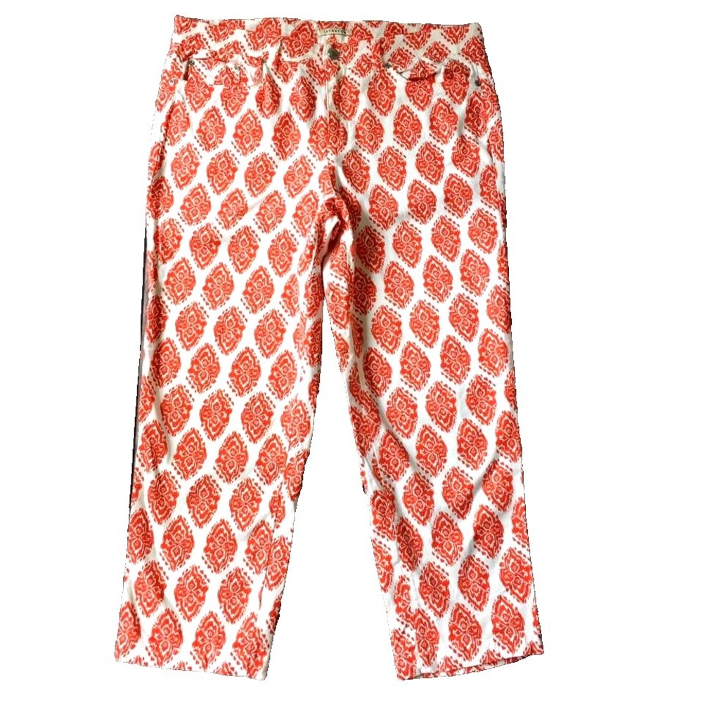 Cropped Jean Capri Pant Women 14 L Jones New York Orange White Denim Boho Print